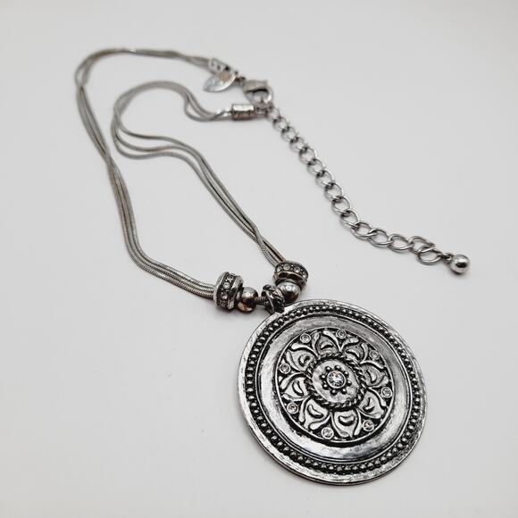 Chico’s Silver Tone Snake Chain Necklace w/ Large Pendant & Rhinestone Charms - Picture 5 of 10